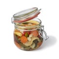 Glass jar with homemade pickled vegetable mix isolated on white background Royalty Free Stock Photo