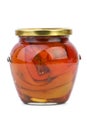 Glass jar with conserved red bell peppers