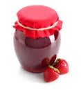 Glass jar with delicious strawberry jam on white background Royalty Free Stock Photo