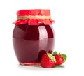 Glass jar with delicious strawberry jam on white background Royalty Free Stock Photo