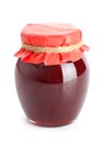 Glass jar with delicious strawberry jam on white background Royalty Free Stock Photo