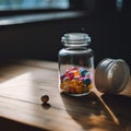 A glass jar filled with candy sitting on top of a wooden table. Generative AI image. Royalty Free Stock Photo