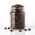 Glass jar filled with chocolate chips with scattered chips on a white background baking sweets Royalty Free Stock Photo