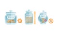 Glass Jar Filled with Dry Macaroni Product with Spaghetti and Ruote Vector Set