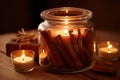 a glass jar filled with flickering candles, the warm scents of cinnamon and vanilla creating a cozy atmosphere