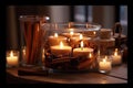 a glass jar filled with flickering candles, the warm scents of cinnamon and vanilla creating a cozy atmosphere