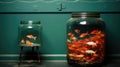 A glass jar filled with goldfish sitting next to a small table. Generative AI image.