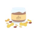 Glass jar filled with peanut butter. Vector food illustration in cartoon style. Opened jar and sprinkled peanuts