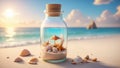 a glass jar filled with shells on a tropical sea beach sand. Souvenir from travel Royalty Free Stock Photo