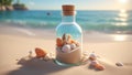 a glass jar filled with shells on a tropical sea beach sand. Souvenir from travel Royalty Free Stock Photo