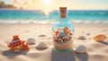 a glass jar filled with shells on a tropical sea beach sand. Souvenir from travel Royalty Free Stock Photo