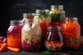 glass jar filled with various fermented vegetables, each with its own unique flavor