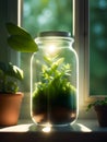 glass jar with fresh mint and green plant inside on a windowsill