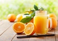 Glass jar of fresh orange juice with fresh fruits Royalty Free Stock Photo