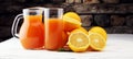 Glass jar of fresh orange juice with fresh fruits on white table Royalty Free Stock Photo