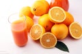 Glass jar of fresh orange juice with fresh fruits on white table Royalty Free Stock Photo