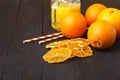 glass jar of fresh orange juice with fresh fruits on wooden table Royalty Free Stock Photo