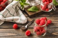 Glass jar with fresh ripe raspberries on wooden table Royalty Free Stock Photo