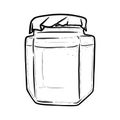 Glass jar front view. Hexagonal jar for preserves of pickles, honey or jam. Hand drawn vector illustration Royalty Free Stock Photo