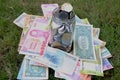 Glass jar full of coins on different currency note on green grass Royalty Free Stock Photo