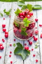 Glass jar full fruits cherries currants Royalty Free Stock Photo