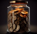 glass jar with gold coins. save money.