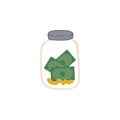 Glass jar with gold monts and green banknotes. Saving pocket money. Vector isolated fully editable illustration on white