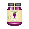 Glass jar with grape jam and configure. Vector illustration. Packaging collection. Vintage Label for jam. Bank realistic