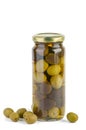 Glass jar with green and black olives . Some near Royalty Free Stock Photo