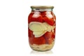 Glass jar with home canned tomatoes on white background Royalty Free Stock Photo