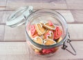 A glass Jar with homemade heart shaped cookies Royalty Free Stock Photo