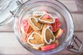 A glass Jar with homemade heart shaped cookies Royalty Free Stock Photo