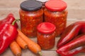 Glass jar of homemade paprika, pepper, carrot salad Royalty Free Stock Photo