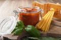 Glass jar with homemade tomato pasta sauce Royalty Free Stock Photo