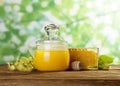 Glass jar of honey, honeycomb and Linden flowers on light green Royalty Free Stock Photo