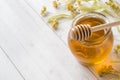 Glass jar of honey, Linden flowers on light background. Copy space Royalty Free Stock Photo