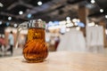 Glass jar with honey Placed on a wooden table and free space Royalty Free Stock Photo