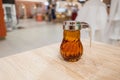 Glass jar with honey Placed on a wooden table and free space Royalty Free Stock Photo