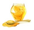 Glass jar of honey, spoon of honey isolated on white background, watercolor