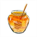 Glass jar of honey with wooden dipper Royalty Free Stock Photo