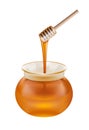 Glass jar of honey with wooden drizzler on white backgr