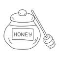 Glass jar with honey and wooden honey dipper or honey spoon, vector outline for coloring book