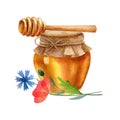 Glass jar of honey,wooden honey spoon,cornflower and poppy