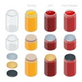 Glass jar with with jam, configure or honey. Vector 3d flat isometric illustration.