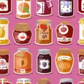 Glass jar with with jam configure or honey vector illustration packaging seamless pattern.