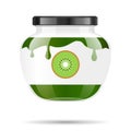 Glass jar with jam and configure with kiwi. Vector illustration. Packaging collection. Label for jam. Bank realistic Royalty Free Stock Photo