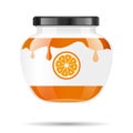 Glass jar with jam and configure with orange. Vector illustration. Packaging collection. Label for jam. Bank realistic Royalty Free Stock Photo