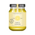 Glass jar with lemon jam and configure. Vector illustration. Packaging collection. Vintage Label for jam. Bank realistic