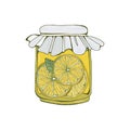 Glass jar with lemon jam on white background in vector. Home canning and food preparation. The summer harvest. Hand