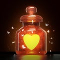 Glass jar with magic shining heart and butterflies flying around it on dark background, valentines day romance love Royalty Free Stock Photo